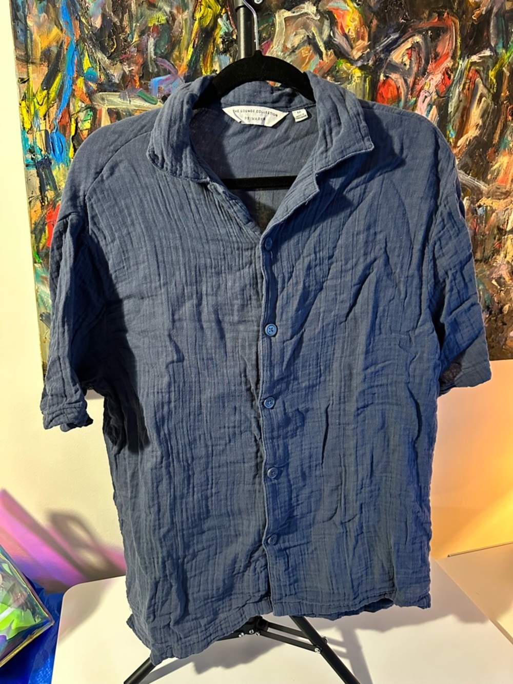 Primark Men's The Lounge Collection 100% Cotton Linen Camp Collar Shirt in Blue